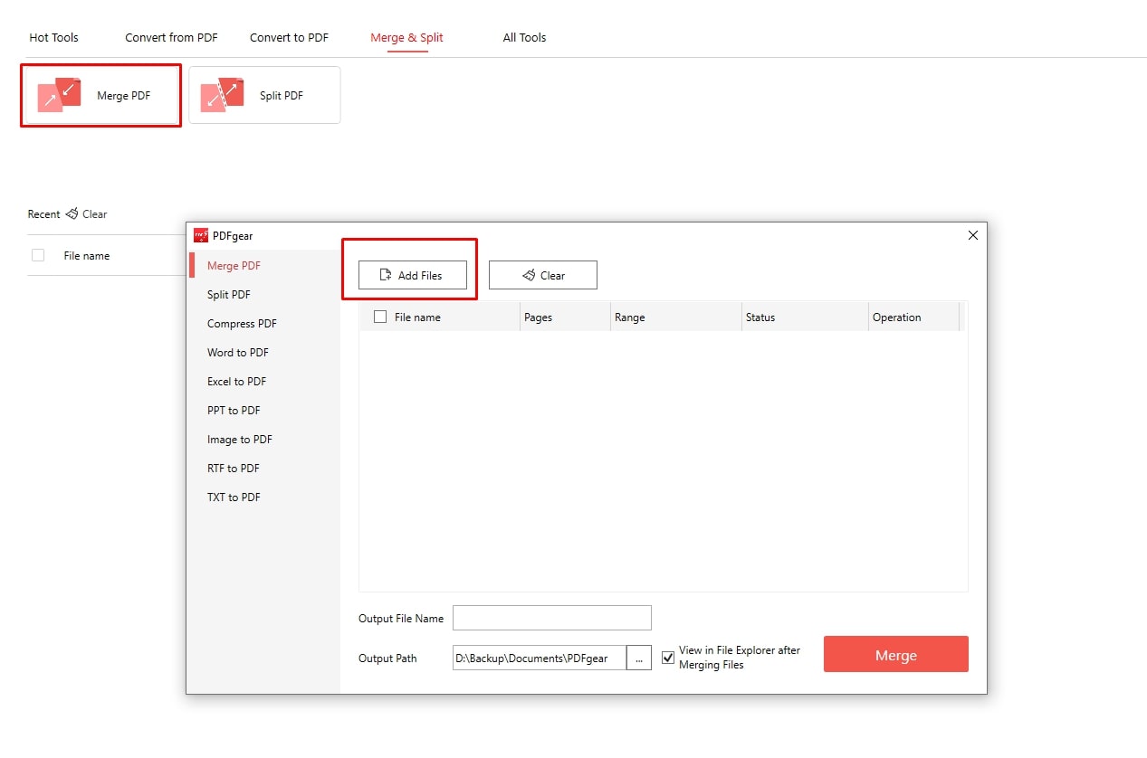 Click on Merge and then Add Files Option