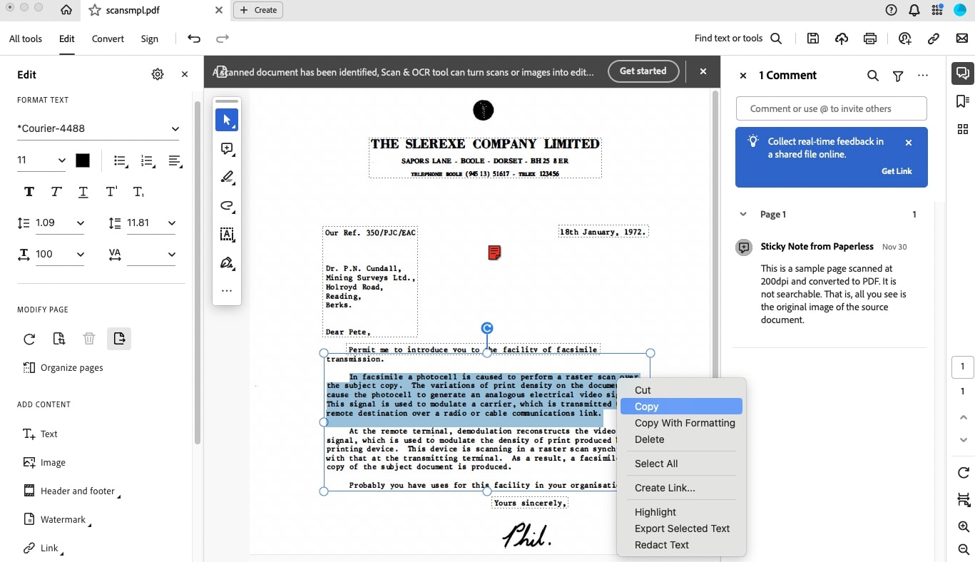 Copy Selected Text from Scanned PDF