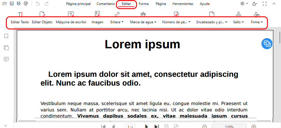 Menú de Edición en PDFgear