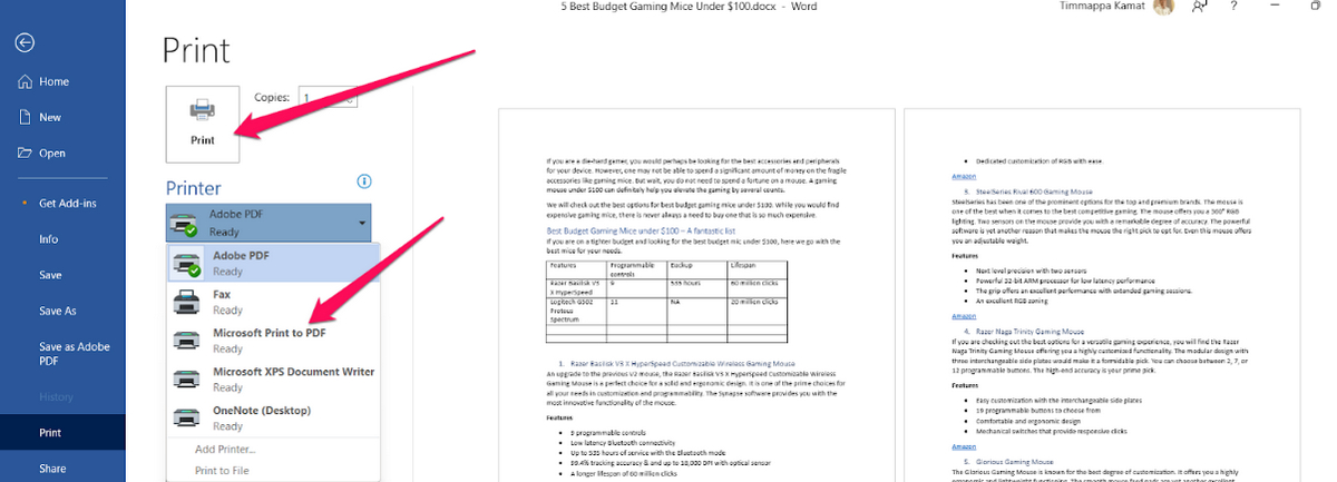 Microsoft Word Print to PDF