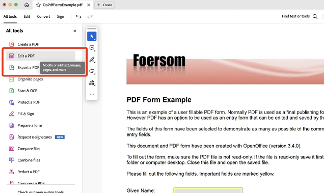 Selecione Editar um PDF na barra de ferramentas